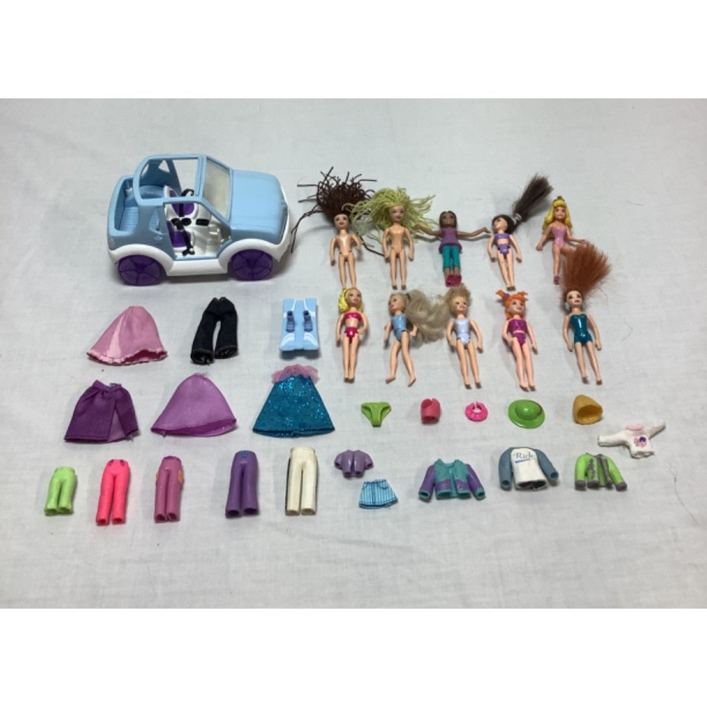 Polly Pocket Lot 10 dolls Jeep clothes skis vintage toys mini